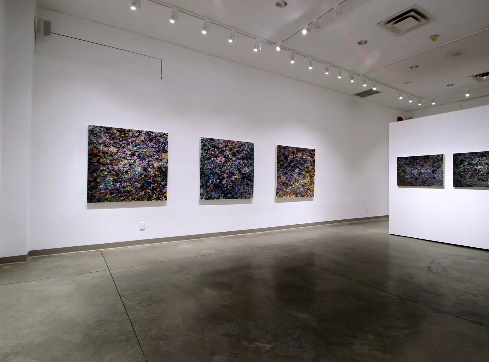 Wide view of paintings installed around the gallery
