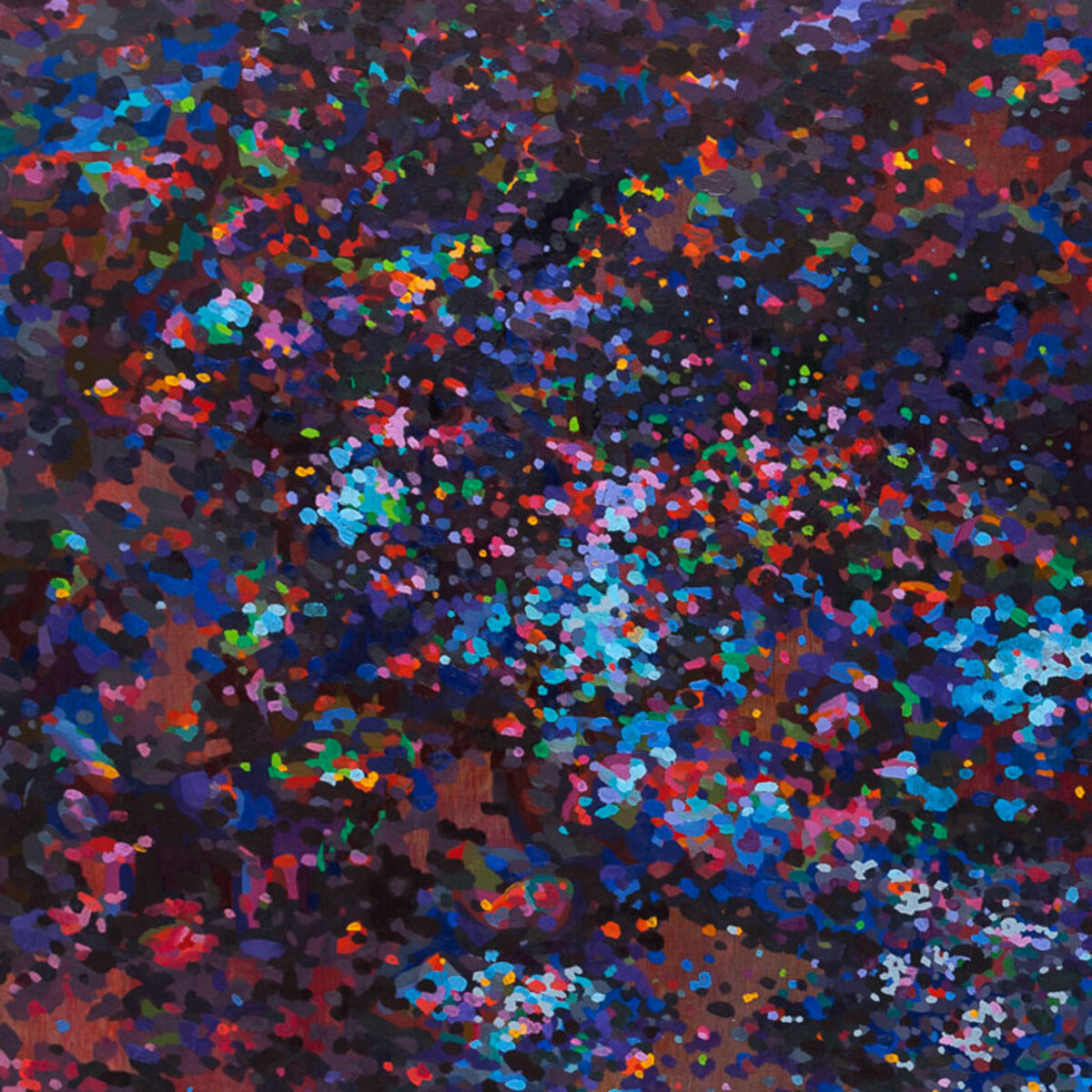 Finished-surface detail of Relative Articulation with a dark upper field, blue and pink clusters, and small red marks