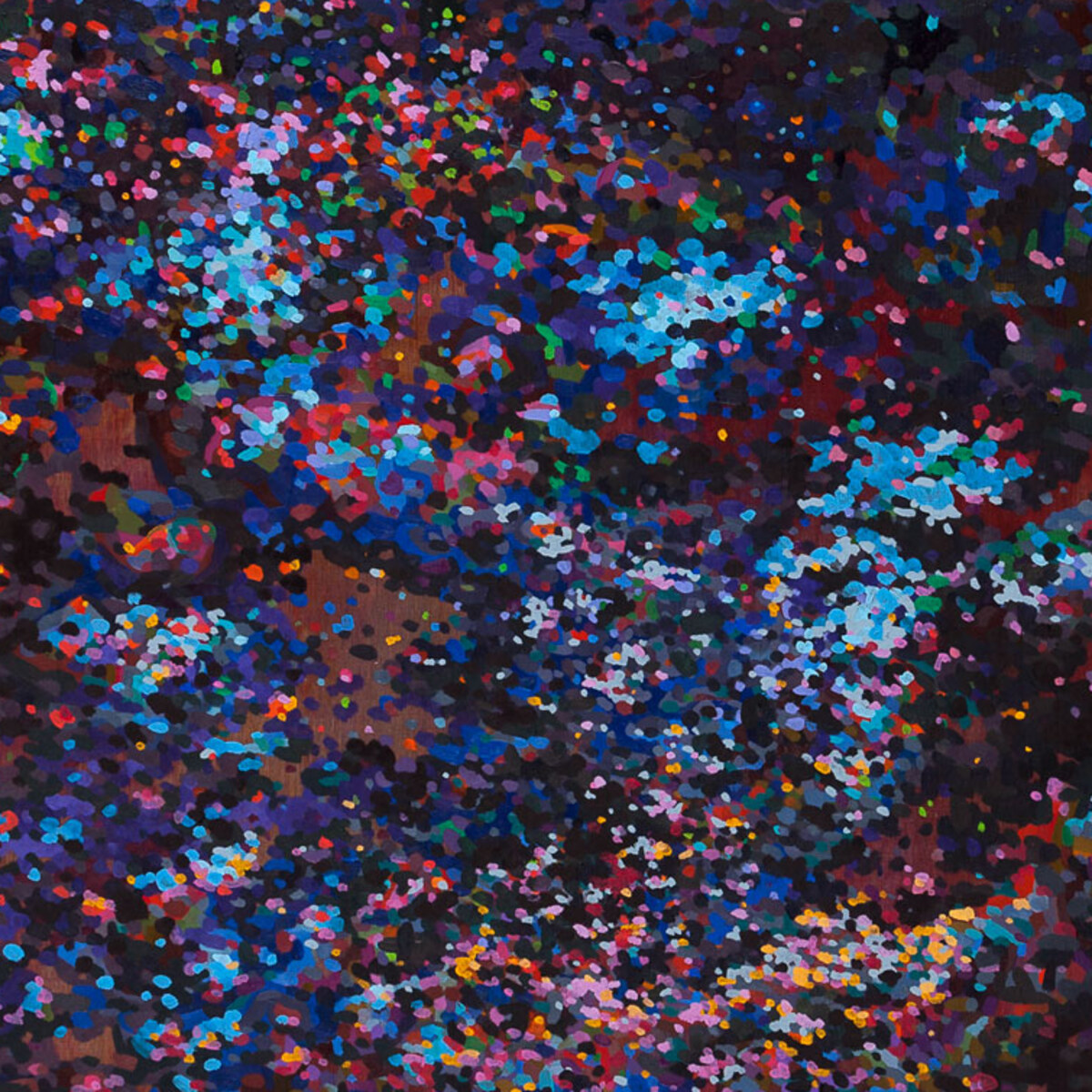 Finished-surface detail of Relative Articulation with light blue and white clusters among dark blue, black, red, and pink marks