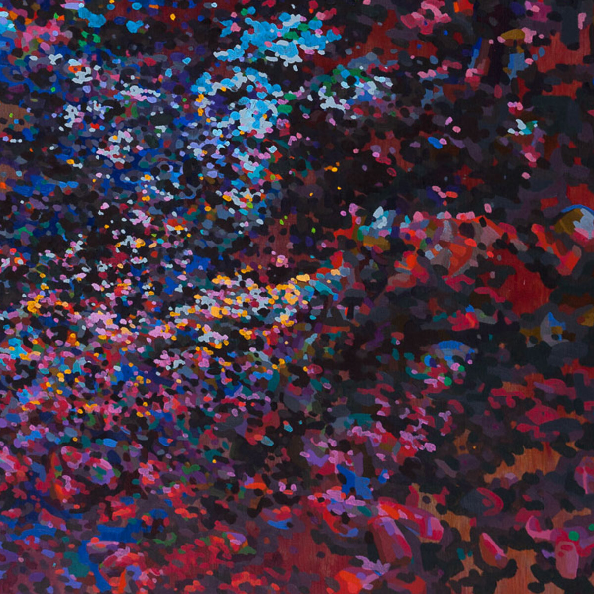 Finished-surface detail of Relative Articulation with black and dark blue marks and bright blue, pink, and red accents